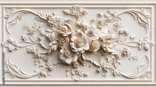 Intricate floral bas-relief on white wall with delicate carved roses and leaves