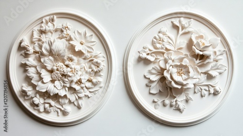 Elegant white floral relief sculptures in circular frames