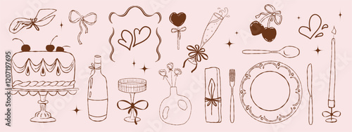 Coquettish design elements for romantic dinner. Flirty collection for Valentines day, wedding invitation, birthday card, party, menu decoration. Cute bows, cherry, ribbon, hearts, cake, napkin, candle