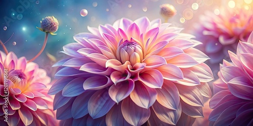 Dreamlike pink dahlia, macro detail, surreal petals unfurl in artistic bloom. photo