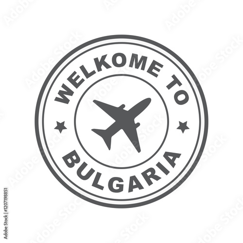 Grunge welcome to Bulgaria with airplane icon round rubber seal stamp on white background.