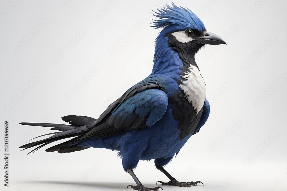 Fototapeta premium Vibrant blue bird with white chest, standing against white background.