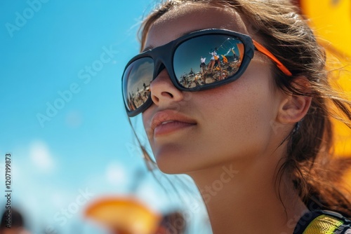Kitesurfer reflecting in sunglasses of woman watching competition on sunny beach