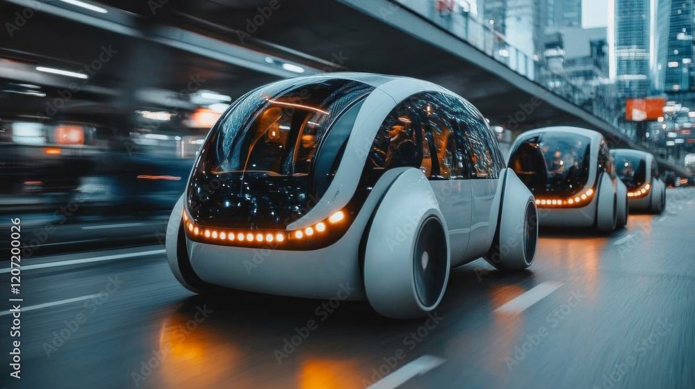 Autonomous Electric Vehicles Driving on City Street at Night Autonomous Electric Vehicles Driving on City Street at Night