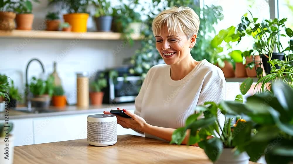 A cheerful woman with short blonde hair uses a smart speaker in her cozy, plant-filled kitchen.