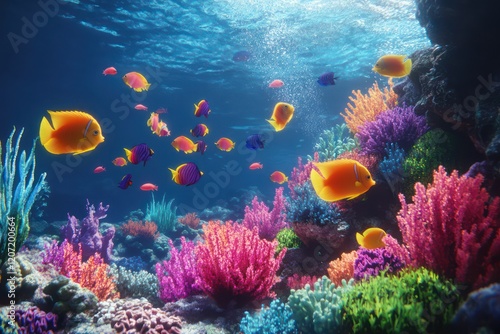 Playful fish swimming in an underwater scene filled with vibrant coral and dynamic water currents, creating a lively and colorful marine environment. photo