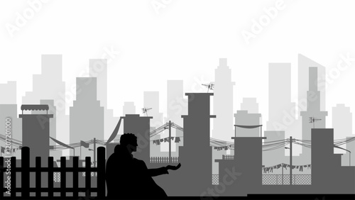 Illustration of poverty issue with a beggar in the street of slum. Vector illustration of social issue with slum building and homeless. Skyline cityscape contrast with slum building of poor people