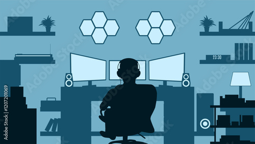 Illustration of a gamer playing video games in the gaming room. Vector illustration of hobby with room and interior for gaming setup. Room with computer,  monitor, audio and video game equipment
