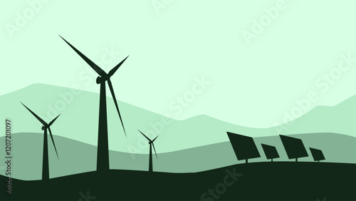 Illustration of green energy with wind turbine and solar panel. Vector illustration of renewable energy from wind and sunlight. Clean energy landscape to reduce pollution and keep the environment