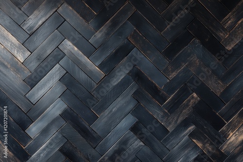Dark black parquet floor with herringbone pattern, top view.