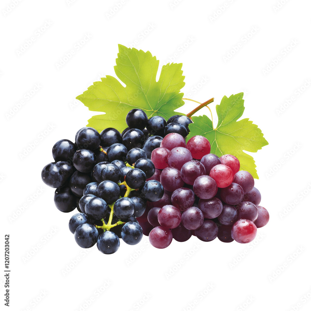 Lush Clusters of Red and Black Grapes with Fresh Green Leaves Lush Clusters of Red and Black Grapes with Fresh Green Leaves