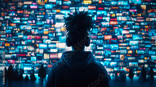 Person with headphones facing a massive screen displaying numerous colorful video thumbnails, representing the overwhelming amount of digital content available today