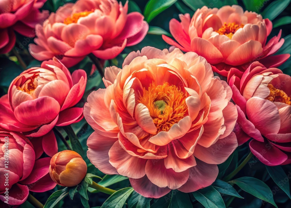 Vibrant red-pink peony petals unfurl in this exquisite floral macro, a captivating background. Vibrant red-pink peony petals unfurl in this exquisite floral macro, a captivating background.