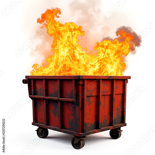 a Dumpster Fire representative of a mismanaged situation isolated on white background photo