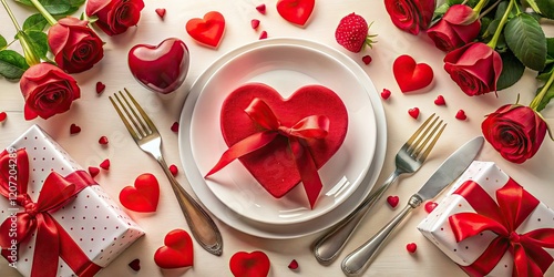 High-resolution images capture a romantic Valentine's Day table: heart plates, roses, gifts, setting the perfect mood.