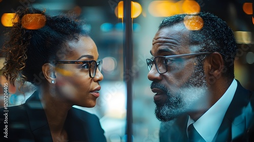 Two well dressed business professionals engaged in an intense discussion their conversation captured through a glass wall using a telephoto The image conveys a sense of in depth photo