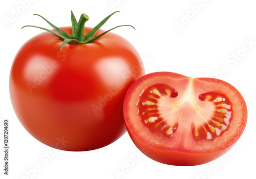 One whole red tomato and one half-sliced tomato with visible seeds, isolated on a white background