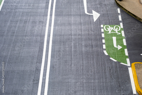 A detailed view of urban road markings alongside a designated cycle lane, highlighting the importance of sustainable transportation and urban planning in modern cities. photo