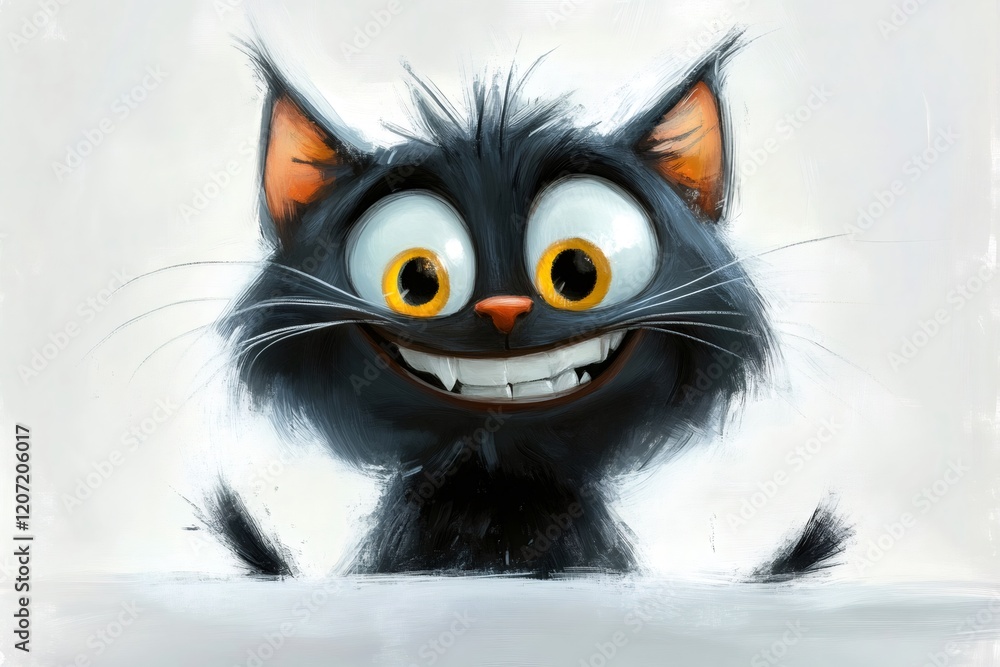 Playful black cat smiling with large eyes and showing teeth Playful black cat smiling with large eyes and showing teeth