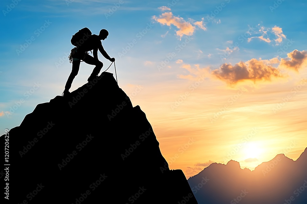 Silhouette of Climber Reaching Mountain Summit at Sunset Silhouette of Climber Reaching Mountain Summit at Sunset
