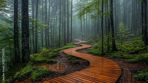 Enchanting winding wooden path leading through a serene moss covered forest landscape with towering trees lush foliage and a tranquil dreamlike atmosphere  Outdoor adventure and nature concept photo