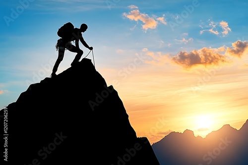 Silhouette of Climber Reaching Mountain Summit at Sunset