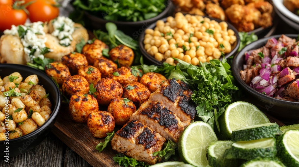 Variety of Grilled and Roasted Dishes on Wooden Board Variety of Grilled and Roasted Dishes on Wooden Board