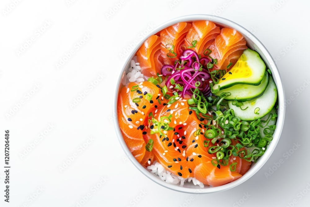 Top view of salmon poke bowl on white background. Top view of salmon poke bowl on white background.