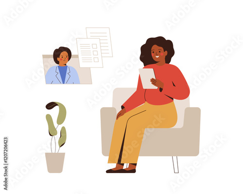 Telemedicine and online appointment. African american pregnant woman and doctor have video call. gynecologist provides a remote consultation, gives recommendations and a prescription for medications