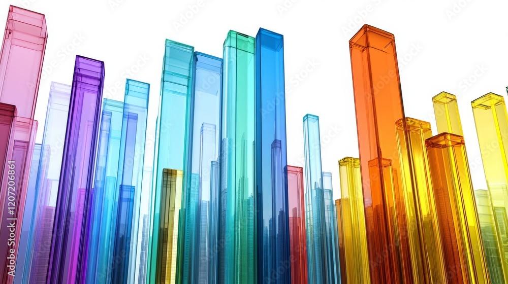 Fototapeta premium A transparent D bar chart with vibrant bars of varying heights on a light background, creating a visually appealing, professional data presentation