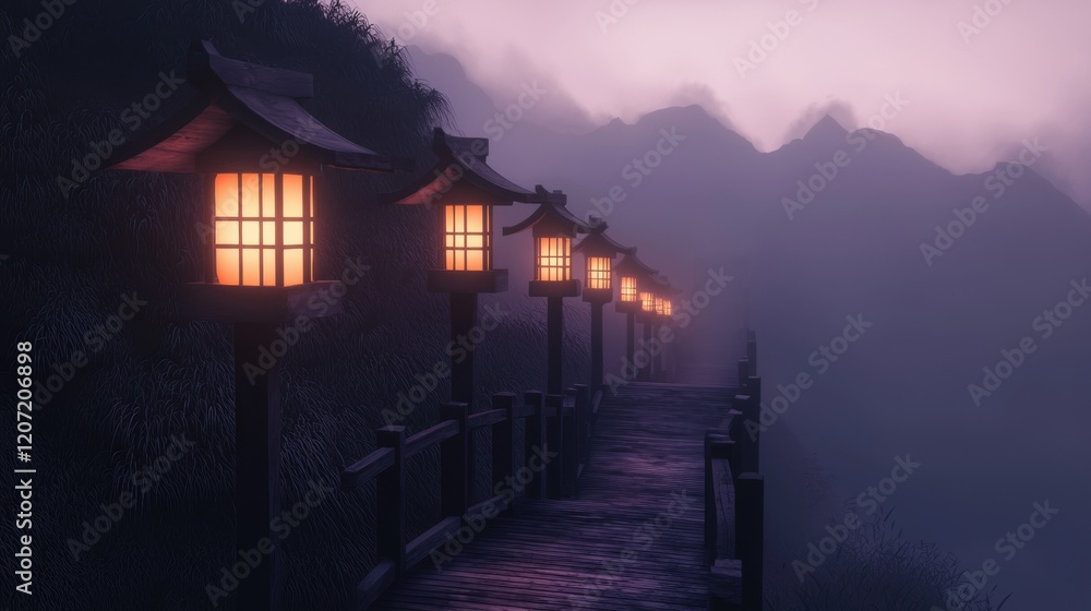 A path with lanterns lit up in the dark A path with lanterns lit up in the dark