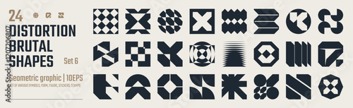 Postmodern abstract geometric graphic elements, Refraction and distortion glass effect various form, Brutalist vector shapes, trendy retro design symbols in Y2K aesthetics, vintage stickers, set 6