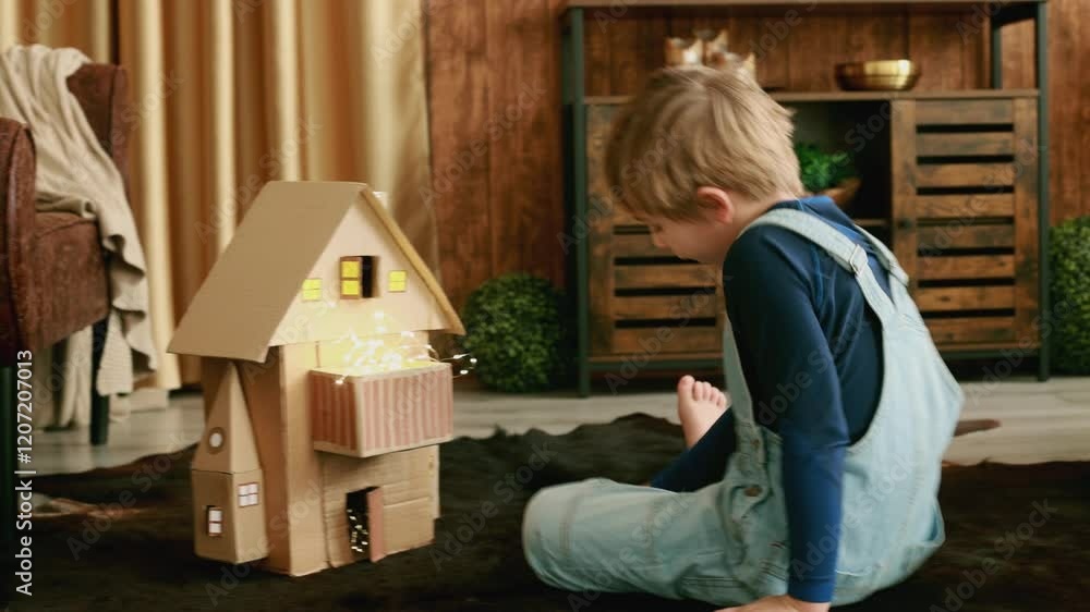 Child, cute boy, playing with toys in a playroom, teddy bear and little ducks with a paper house Child, cute boy, playing with toys in a playroom, teddy bear and little ducks with a paper house