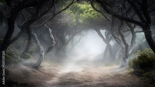 Misty path leading through a haunted forest lined with ghostly twisted trees and ominous shadows creating an eerie atmospheric and captivating landscape photo