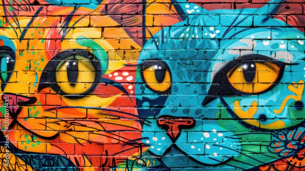 Fototapeta premium Vibrant Graffiti Mural of Two Cats on a Brick Wall: Urban Street Art Masterpiece