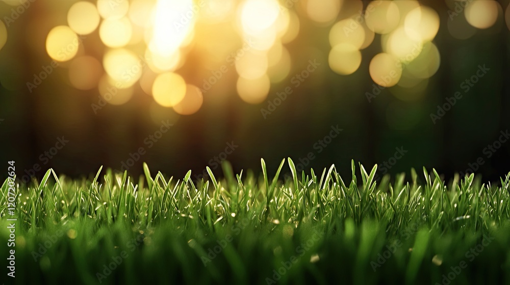 Obraz premium A close-up view of lush green grass illuminated by soft sunlight, creating a serene and tranquil atmosphere with a blurred background.