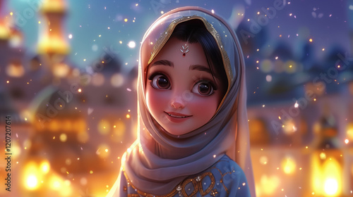 Muslim young girl in a hijab during Ramadan. islamic concept ramadan kareem.