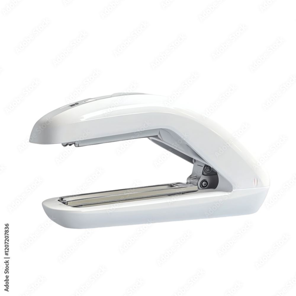 Ergonomic stapler with a soft-grip handle, floating on white. Ergonomic stapler with a soft-grip handle, floating on white.