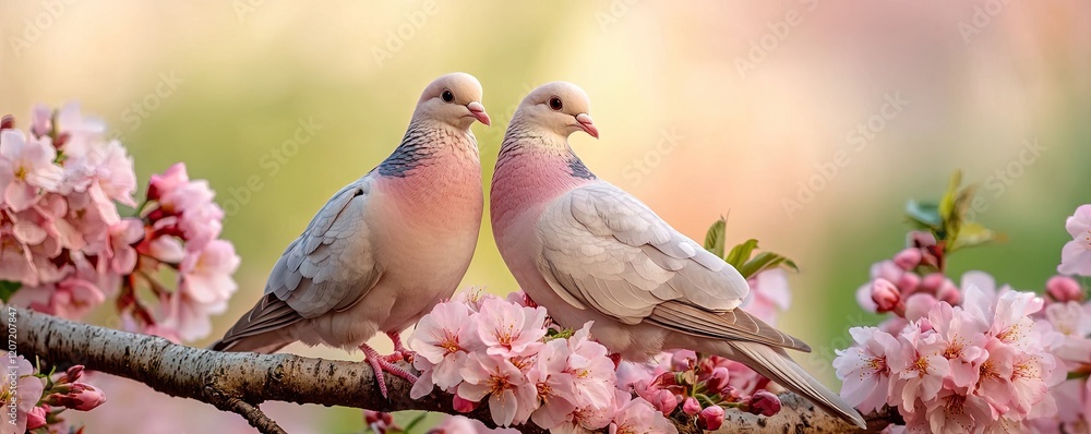 Fototapeta premium Two doves perched on a branch, surrounded by beautiful pink cherry blossoms, creating a serene and romantic spring scene.