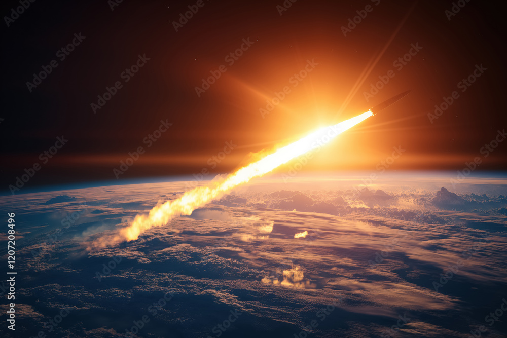 Rocket launching through atmosphere at sunrise with bright contrail Rocket launching through atmosphere at sunrise with bright contrail