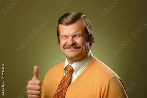 Cheerful Middle-Aged Man Giving Thumbs-Up in Retro Outfit with Mustache and Warm Smiling Expression