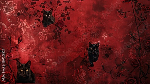 Enigmatic Black Cats Amidst Crimson Roses and Gothic Design: A Darkly Romantic Digital Art