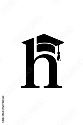 Letter H with graduation cap icon, Black and white graphic of the letter H wearing a graduation cap, representing education, academic success, learning, and scholarly achievement.  
  
