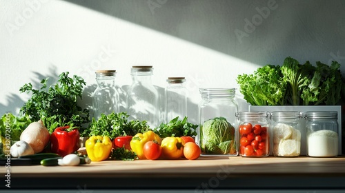 A vibrant array of colorful vegetables and fresh herbs sprawls across a rustic wooden counter, inviting culinary creativity and healthy eating. photo