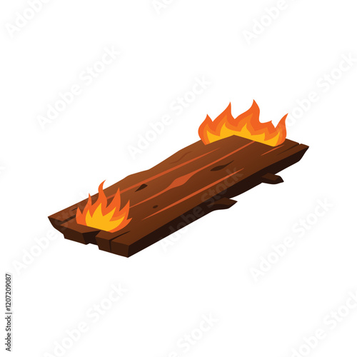  Fire on Burnt wooden plank isolated flat vector illustration on white background