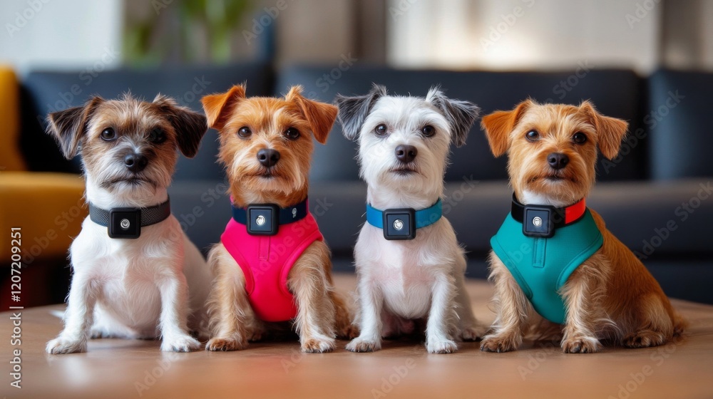 Four adorable small dogs sitting together on a table