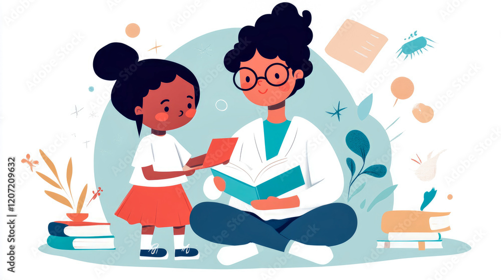 A Teacher Reading with a Student: A Colorful Illustration of Literacy and Education A Teacher Reading with a Student: A Colorful Illustration of Literacy and Education