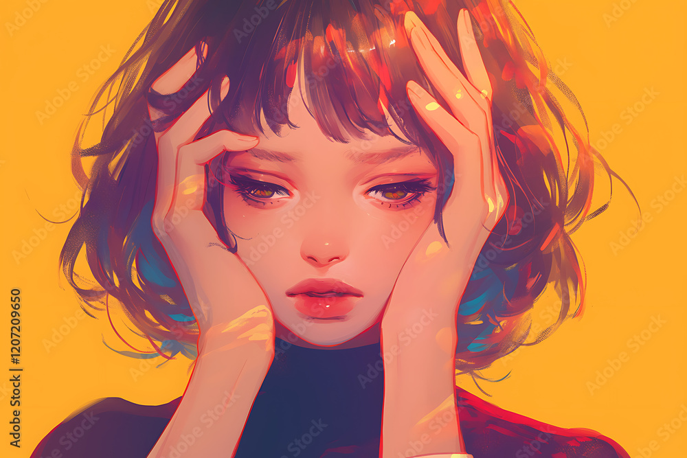 Portrait of a contemplative young woman with vibrant hair, expressing emotions against a warm backdrop Portrait of a contemplative young woman with vibrant hair, expressing emotions against a warm backdrop