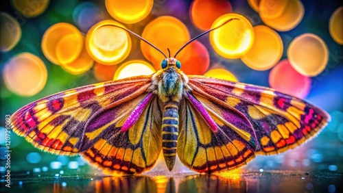 Night macro shot of an Ockergelbe Escheneule moth (Atethmia centrago) in Leverkusen-Opladen, Germany.  Bokeh effect adds artistic depth. photo