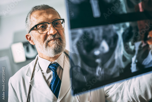Portrait of 60-year-old doctor examining the medical x ray image in hospital hallway. Concept of Medicine, Health Care, People.